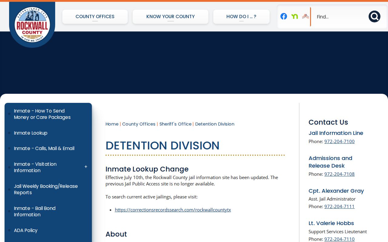 Rockwall County Detention Center current custody record source